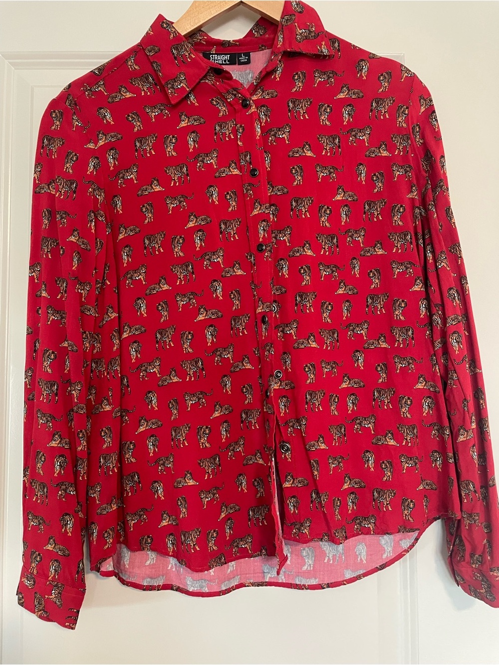 Red Tiger Print Snap Button-Up Shirt